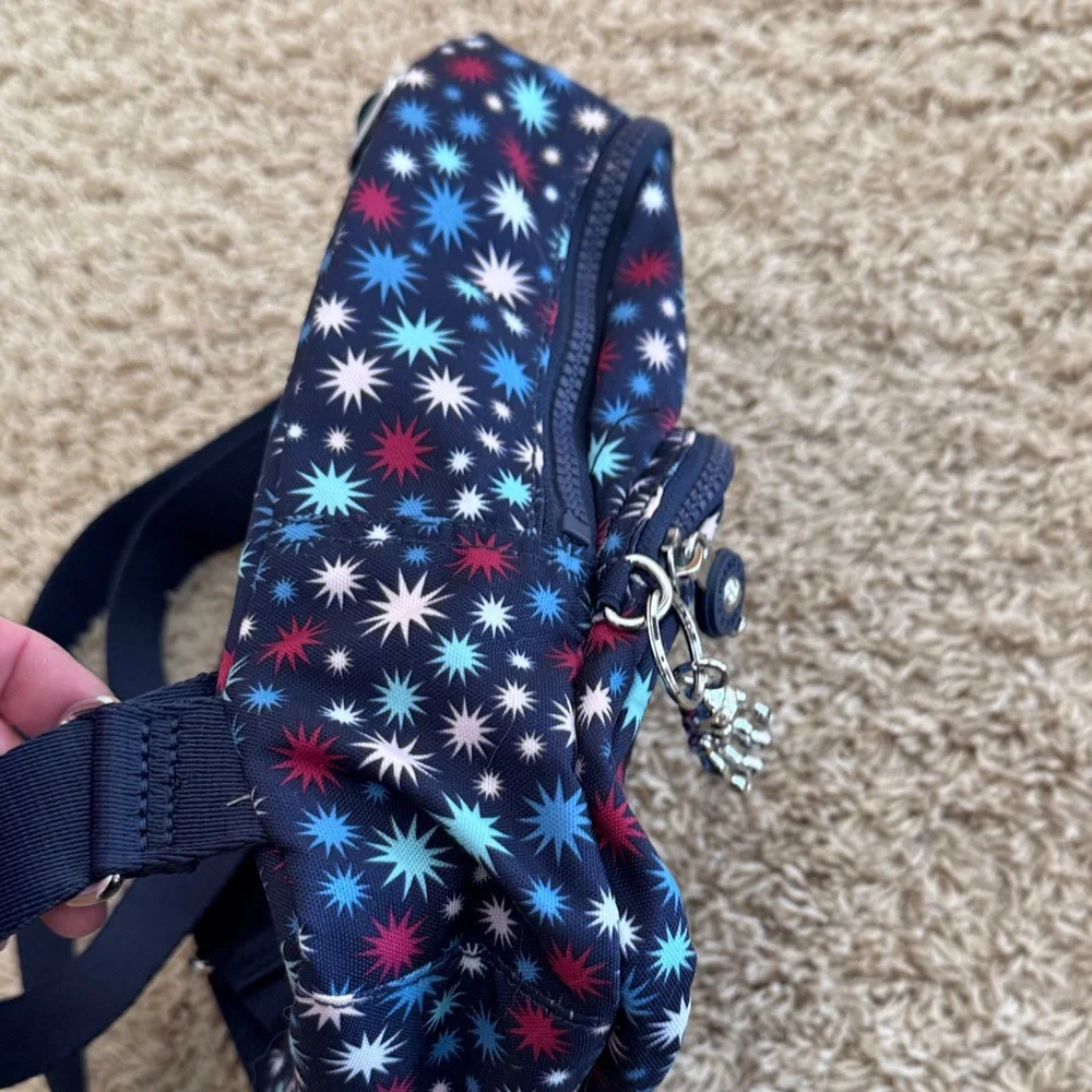 EUC Kipling Paola Small Backpack Bag, Navy Star Starburst w/ Ape Metal Keychain